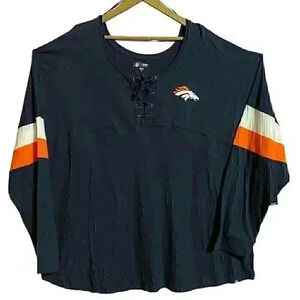 NFL T-Shirt Womens 4X Navy Denver Broncos Varsity Lace-Up V-Neck Long Sleeve NWT
